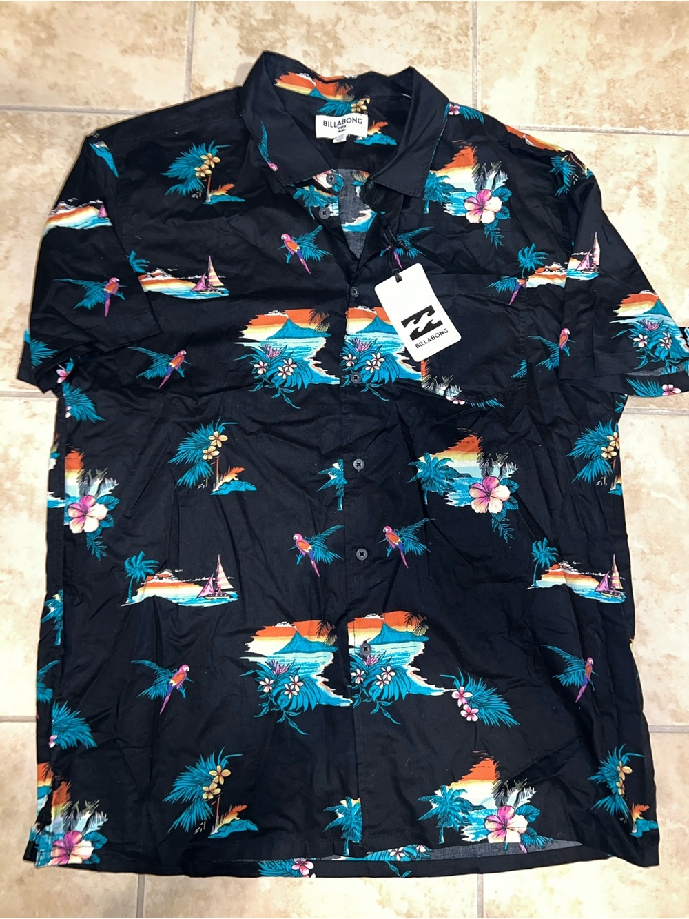 Billabong Black Tropical Print Short Sleeve Button-Up Shirt